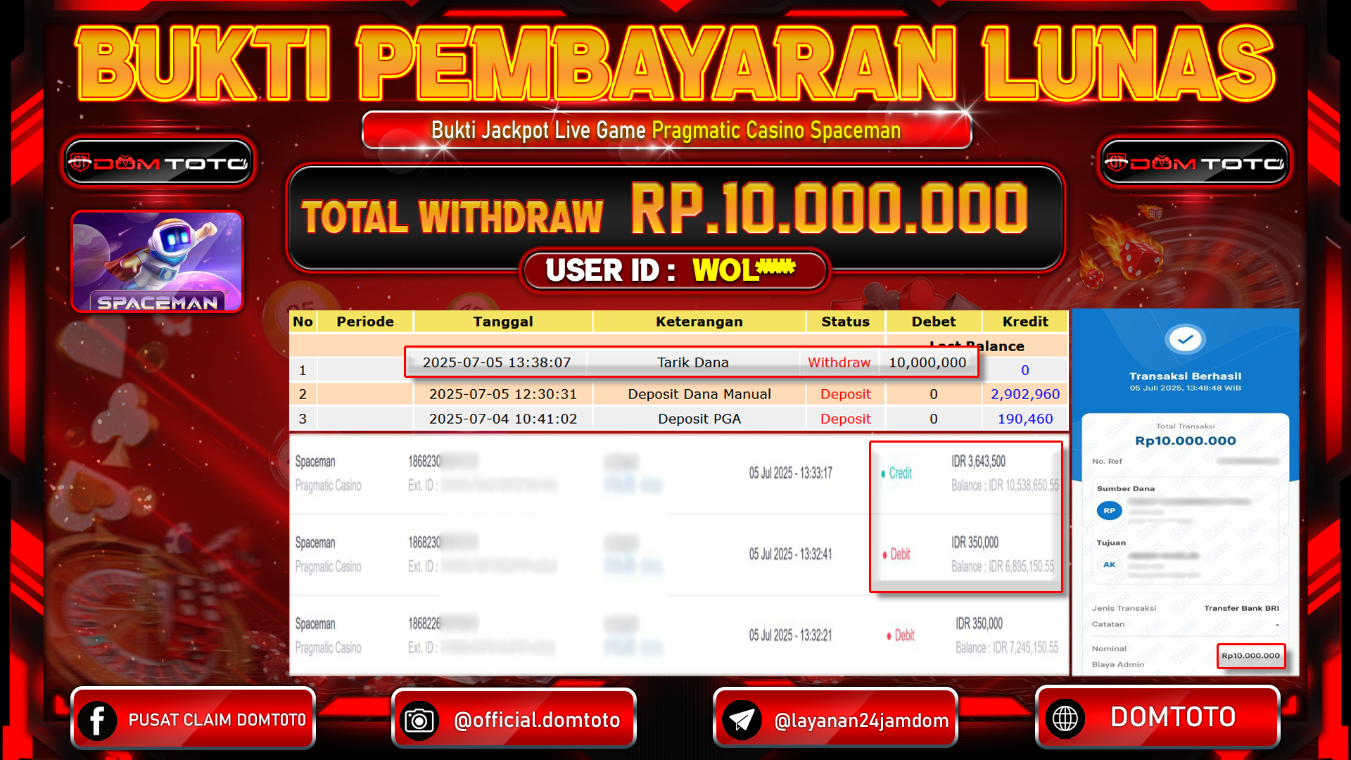 JACKPOT LIVEGAME PRAGMATIC CASINO SPACEMAN 05 JULI 2025